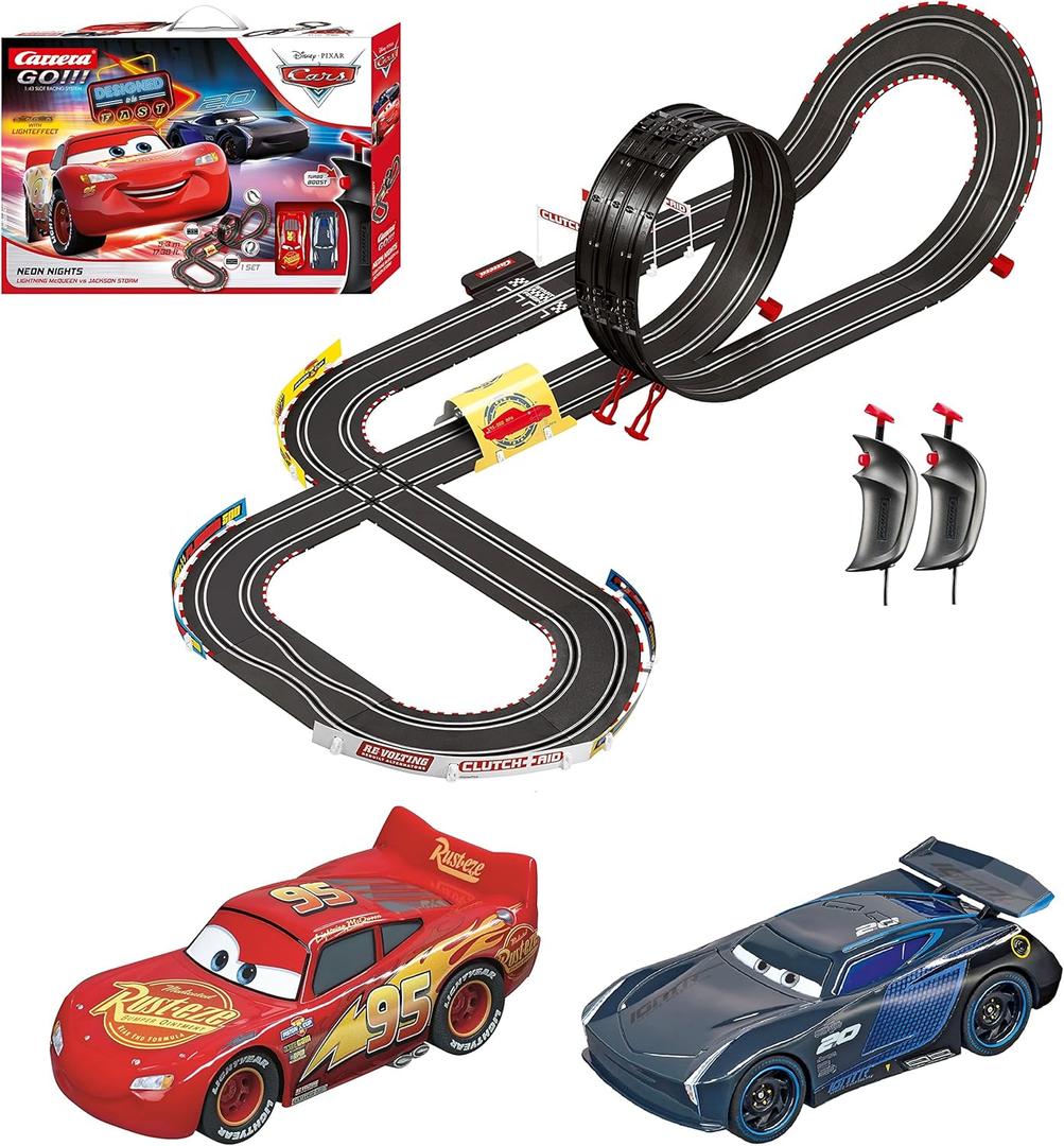 Carrera GO 62477 Disney Pixar Cars Neon Nights Electric Slot Car Racing Kids Toy Race Track Set Includes 2 Controllers and 2 Cars in 1:43 Scale, Large