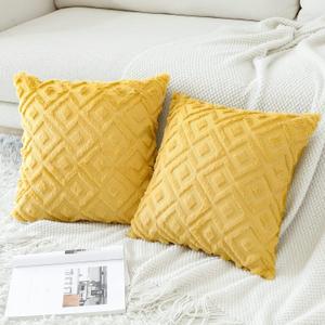 OTOSTAR Pack of 2 Soft Plush Short Wool Velvet Decorative Throw Pillow Covers with 3D Square Loop Pattern Luxury Style - Couch Sofa Cushion Covers for Living Room - Yellow 20x20 Inch