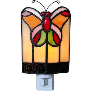 HUIMEIJU Colored Glass Butterfly Pattern Small Night Light, Tiffany Glass Night Light (Pink)