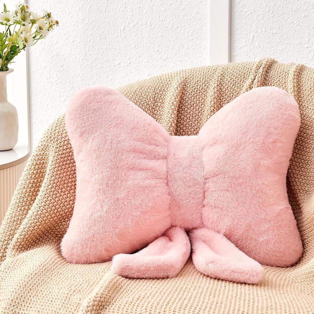 Pink Bow Pillow,12'' Bow Shaped Pillow with Faux Rabbit Fur,Soft Bow Throw Pillows Aesthetic Bow Decorative Pillows for Bed Sofa Couch Home Decor (Small-12 * 9 Inch)