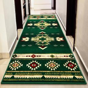 Western Hallway Runner Rug 2 x 6, Non-Slip Long Runners for Bedroom Kitchen Hall Laundry, Accent and Tribal Throw Rugs Washable, Green