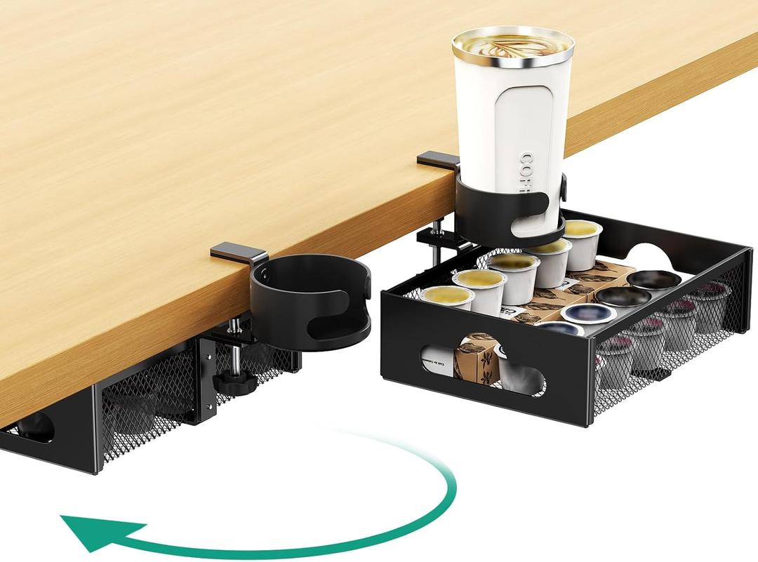 CABTE Desk Cup Holder with Drawer Organizer, Anti-Spill Clip-On Table Cup Hook with 360 Rotation Hidden Storage Box for Office Home Gaming Table (Black)