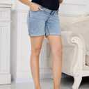 OVRUNS Women Maternity Jean Shorts Over The Belly Stretchy Comfy Rolled Cuff Pregnancy Denim Shorts with Pockets (Blue, L)
