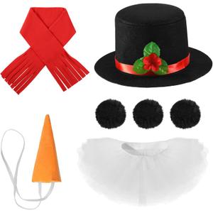 Haysandy 7 Pcs Snowman Christmas Costume Kit for Women, Snowman Hat Carrot Nose Scarf White 5 Layers Tutu Skirt 3 Balls (Kid Size, Cute)