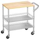 WDT 3 Tier Rolling Kitchen Carts with Wheels, Heavy Duty Rolling Utility Cart with Wood Tabletop, Commercial Grade Metal Cart with Handle and Hooks, NSF Storage Serving Island Carts, Light Wood+Metal