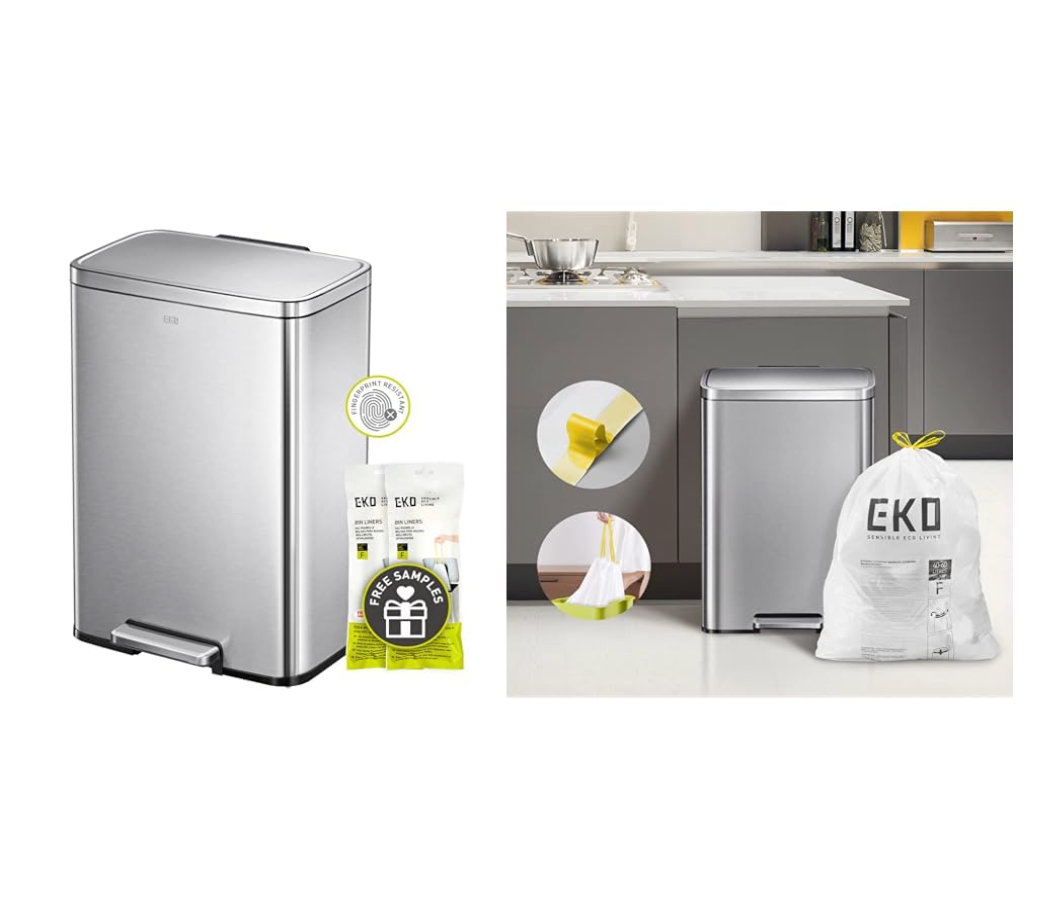 EKO Madison Brushed Stainless Steel 13.2 Gal/50L Kitchen Step Trash Can or Recycling Bin, Removable Inner Liner, Soft Close Lid, Fingerprint Resistant Finish