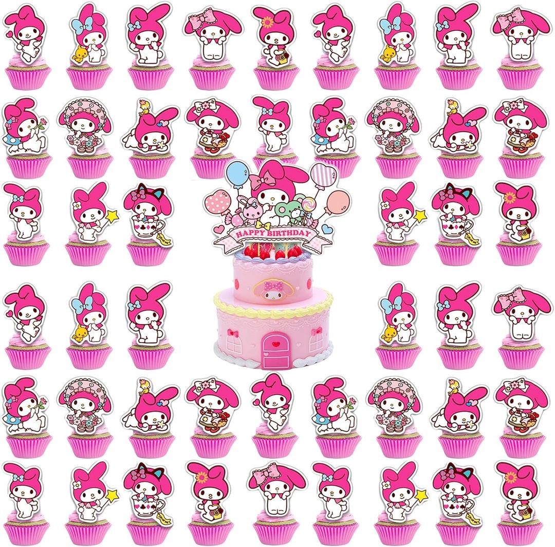 48 Kawaii Cupcake Toppers with 1 Happy Birthday Cake Topper, Educatgame Anime Themed Party Supplies, Perfect for Birthday Party Decorations (Style 4)