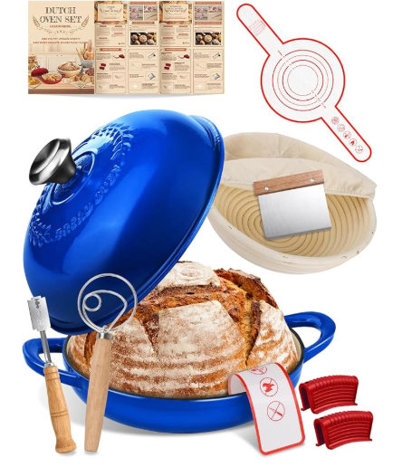 Dutch Oven Bread Baking Pot with Lid 6QT Cast Iron Design & Complete Sourdough Kit (Banneton Basket, Dough Tools, Silicone Sling) for Artisan Bread Making (Black)