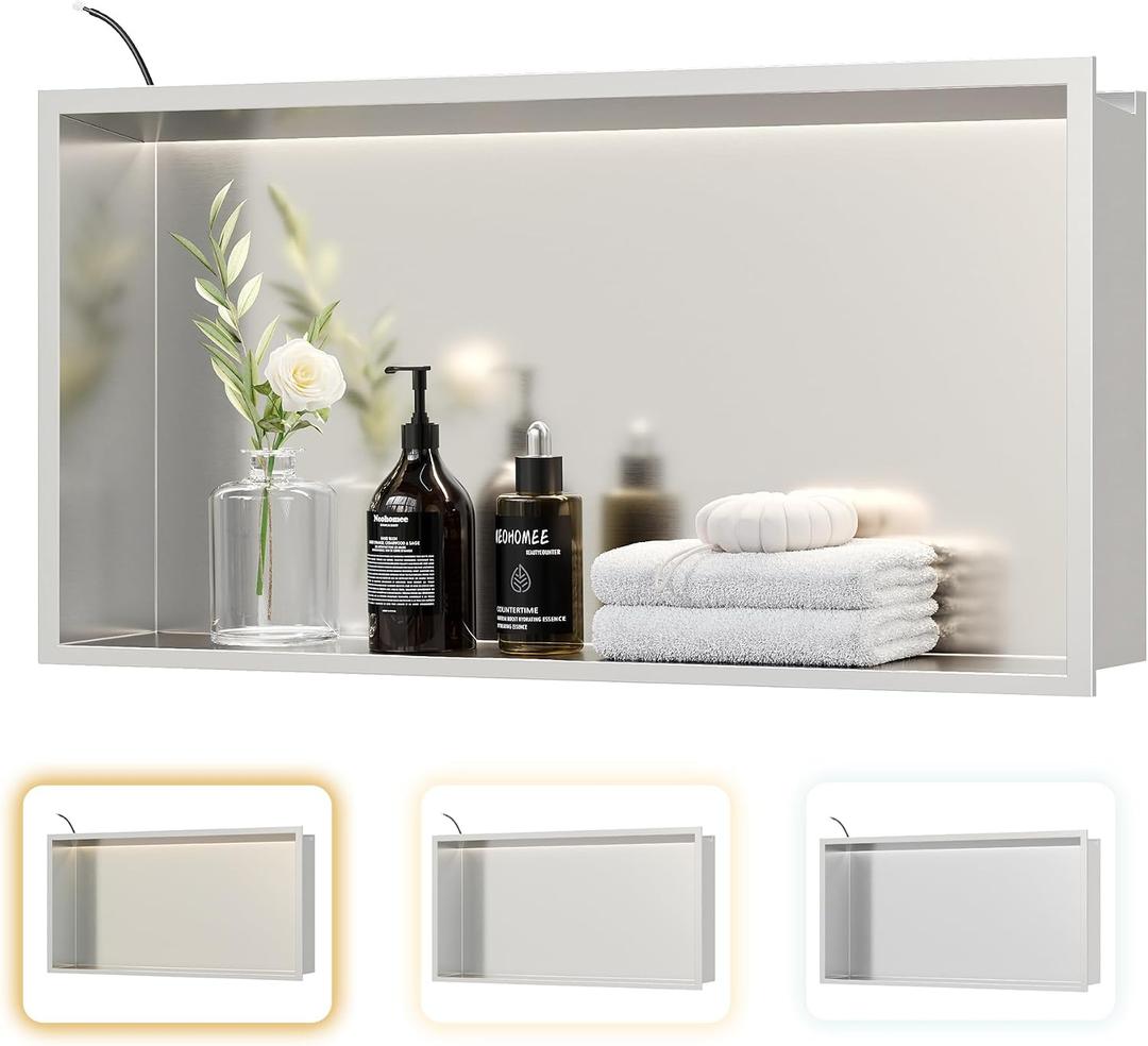 Brushed LED Shower Niche,24"X12" Wall Niche, with 3-CCT COB LED Strip Light Waterproof No Tile Need Stainless Steel Recessed Wall Cabinet for Bathroom Storage, 24X12In