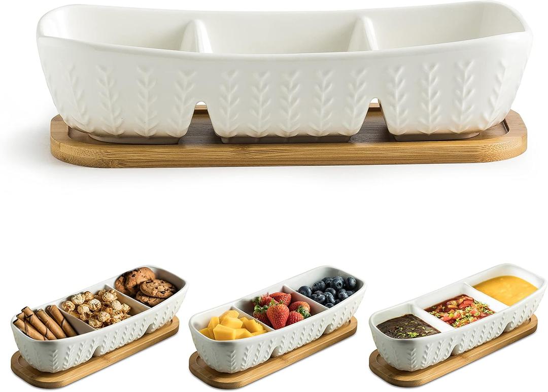 3 Compartment Condiment Tray, Chip and Dip Bowl with Wooden Serving Tray, Perfect for Snacks, Appetizers, Charcuterie, Chips, Candy, 10-inch Chip and Dip Serving Set for Parties