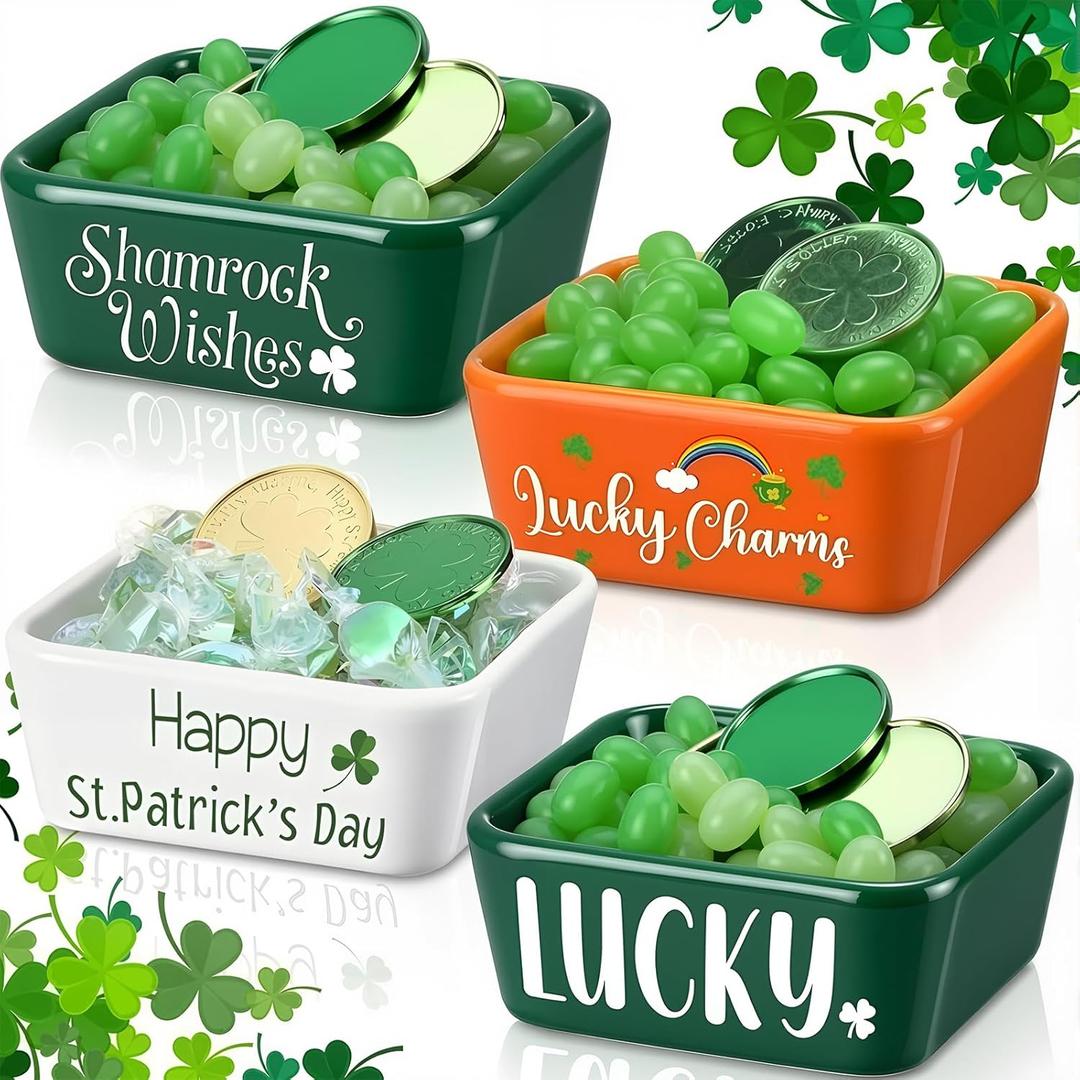 4 Pcs Mini St. Patricks Day Candy Dish Ceramic Candy Bowls Serving Trays St. Patrick's Day Shamrock Lucky Dishes Farmhouse Home Table Decoration for Holiday Snacks Cookie Housewarming Gift