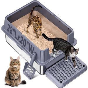 Stainless Steel Litter Box , 28"L*20"W*12"H XXL Extra Large Litter Boxes with lid ,Metal Litter Box with Hight Sides for Big Cats& Multiple Cats,Never Absorbs Odors, Anti-Urine Leakage, Easy Cleaning