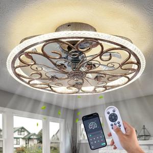 Rustic Caged Ceiling Fan with Lights Remote Control, Retro Industrial Ceiling Fan with Light for Kitchen Bedroom Living Room, Small Large