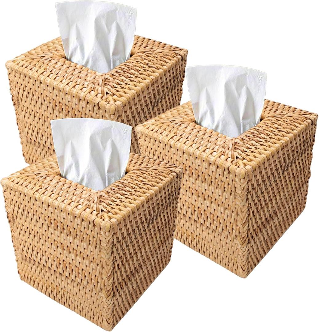 3 Pcs Square Rattan Tissue Box Cover Decorative Hand Wicker Woven Tissue Box Holder 5.5'' x 5.5'' x 5.5'' Boho Natural Tissue Cube Napkin Holder for Bathroom, Office, Car Accessories (Wood