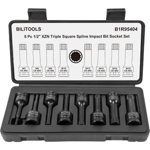 BILITOOLS 8-Piece Impact XZN Triple Square Spline Bit Socket Set 1/2 inch Drive, M5-M18, Cr-Mo Steel