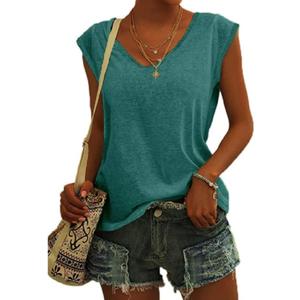 SOUWINEMYI Womens Cap Sleeve T Shirts V Neck Casual Tops Oversized T-Shirt Summer Trendy Lightweight Loose Fit Basic Tees (Green, M)