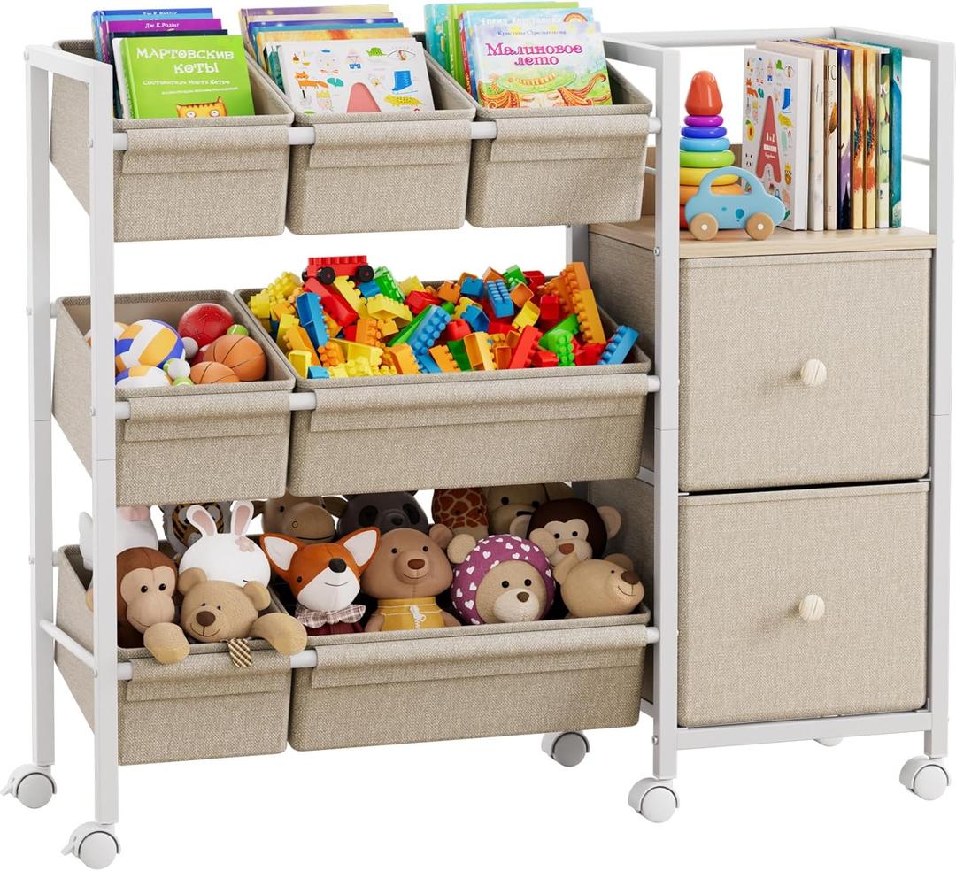 Kids Toy Organizers and Storage Bins - 7 Storage Bins + 2 Fabric Drawers + 1 Bookshelf, Playroom Storage, Mobile Cart Organizer for Toy, Clothes, Blankets and Books - Off White