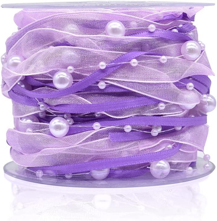 10M ArtificialBead Pearl Ribbon Chiffon Ribbon and Organza Lace Trims for Wedding Flower Christmas Tree Decoration Sewing Craft Packaging (Purple)