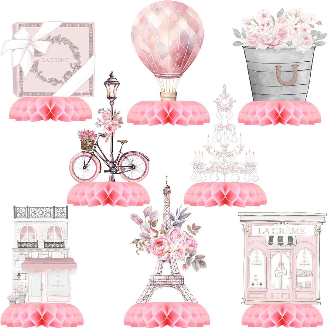 Paris Party Centerpiece Set - Eiffel Tower Honeycomb Paris Birthday Decorations and Paris Table Toppers for Kids' French-Themed Birthday and Baby Shower Table Decor