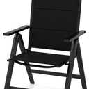 Tangkula Patio Folding Chair, Outdoor Dining Chairs with Soft Padded Seat, 7-Position Adjustable Backrest, Armrests, Portable Sling Reclining Chairs for Porch Pool Backyard Camping (1, Black)
