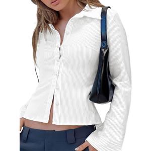 VNIRA Womens Button Down Shirts Striped Long Sleeve Collared Casual Work Blouses Slim Fit Going Out Tops (White, S)