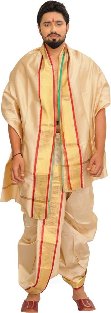 Ready to Wear Dhoti and Veshti Set with Woven Golden Border - Art Silk
