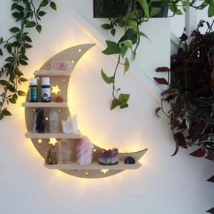 Crystal Display Shelf with LED Light Moon Wall Shelf for Crystals, Gothic Room Decor,Gift for Crystal Lovers Women Birthday Christmas (Wooden Moon-38.5 * 36.5cm/15 * 14.4inch)