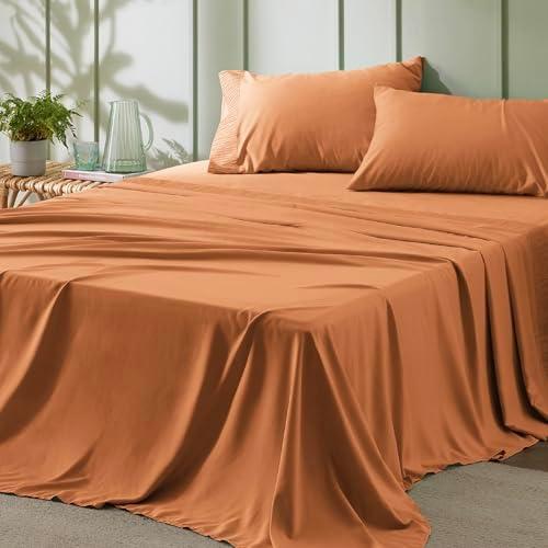 Bedsure Set - 4 Pieces Soft Queen Size Sheets - Breathable & Cooling - Hotel Luxury - Easy Care Polyester Microfiber Bedding for Women, Men, Dusty Orange