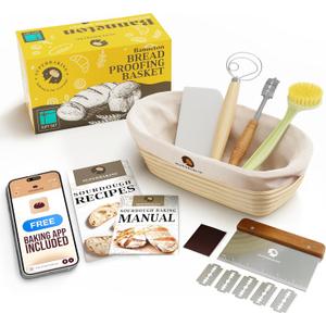 Superbaking 10" Oval Banneton Bread Proofing Basket Gift Set  Sourdough Starter Kit for Crusty Artisan Style Loaves, Includes Essential Bread Baking Supplies & Tools - Ideal Gift for Bakers