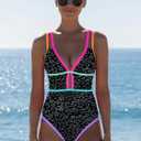 popvil Women One Piece Swimsuit 2026 Tummy Control Sexy Cutout Neon Color Block Bathing Suit Slimming Adjustable Swimwear (Black, L)