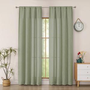 Simplebrand Sage Green Faux Linen Textured Semi Sheer Curtains 72 Inches Long 2 Panels Set, Light Filtering Privacy Farmhouse Curtains, Soft Window Drapes Rod Pocket Top for French Door, 40W x 72L