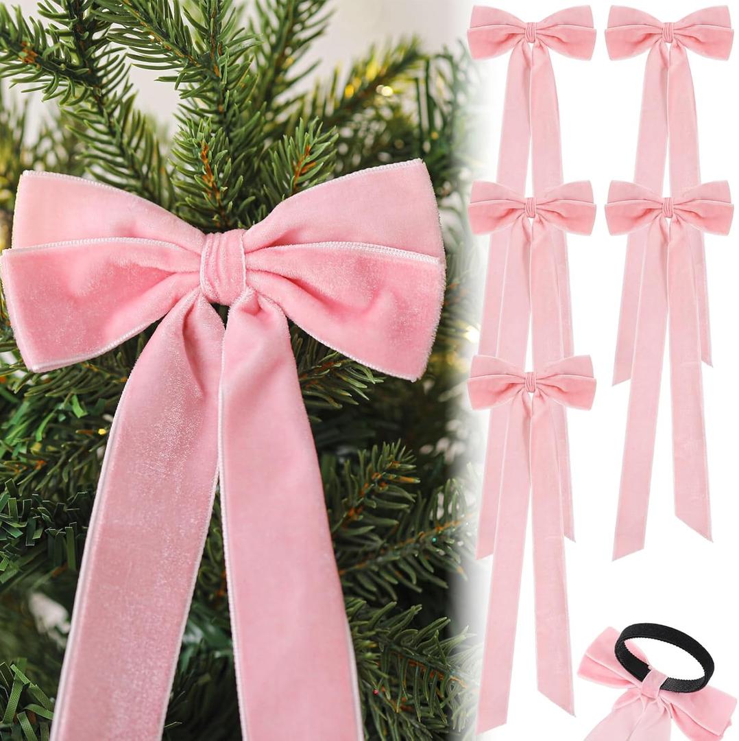 12 Pcs Pink Christmas Bow Ornament 4 x 12 Inch Xmas Tree Ribbon Hanging Bows Christmas Wedding Aisle Decorations for Xmas Wreath Party Garland Decoration Holiday Wedding Decor