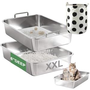 Stainless Steel Sifting Litter Box for Clumping Clay Litter, Extra Large Metal Sifting Litter Pan with Handles, Easy Cleaning-23.6''L x 15.7''W x 6''H