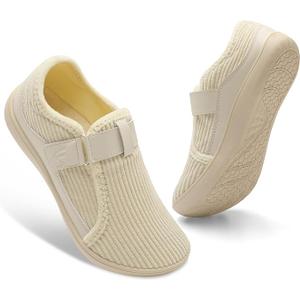Spesoul Wide Womens Walking Shoes Adjustable Diabetic Shoes Breathable Zero Drop Barefoot Shoe Neuropathy Edema Nursing Shoe Wide Width Sneakers 42, Beige White