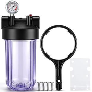 VIHOSE 4.5" x 10" Clear Whole House Water Filter Housing with Pressure Gauge Universal Sediment Water Filter System 1" Npt Brass Port, for Whole Home Pre-Filtration