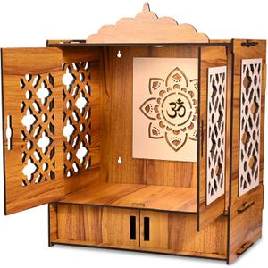 Rousrie Wooden Temple Mandir for Home with Door Cabinets | Beautiful Pooja Unit with Storage Space | with LED Light and Wall Mounts | Pooja Mandir for Home Big Size (H-22, L-16.5, B-10.6 inch)