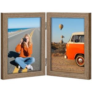 Vittanly 5x7 Double Picture Frame, Hinged 2 Opening MDF Photo Frames with Plexiglass, Vertical Tabletop Stand, Natural