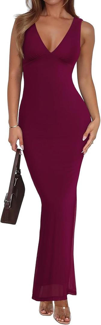 REORIA Women's Summer V Neck Sleeveless Wedding Guest Maxi Dress Sexy Mesh Bodycon Long Dresses L