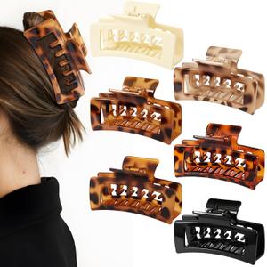 6 PCS 4.1 Inch Large Claw Clips for Women Girls, Big Tortoise Shell Rectangle Hair Clips for Thick/Long/Curly Hair, Strong Hold Square Claw Clip Non Slip Banana Jaw Clips Hair Accessories