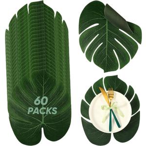 XunYee 60 Pcs Reusable Palm Leaf Placemat 14 Inch Silk Tropical Monstera Leaves Mat for Hawaiian Luau Wedding Safari Jungle Birthday Baby Shower Party Table Decor (Silk), 11.4 x 13.8 inches