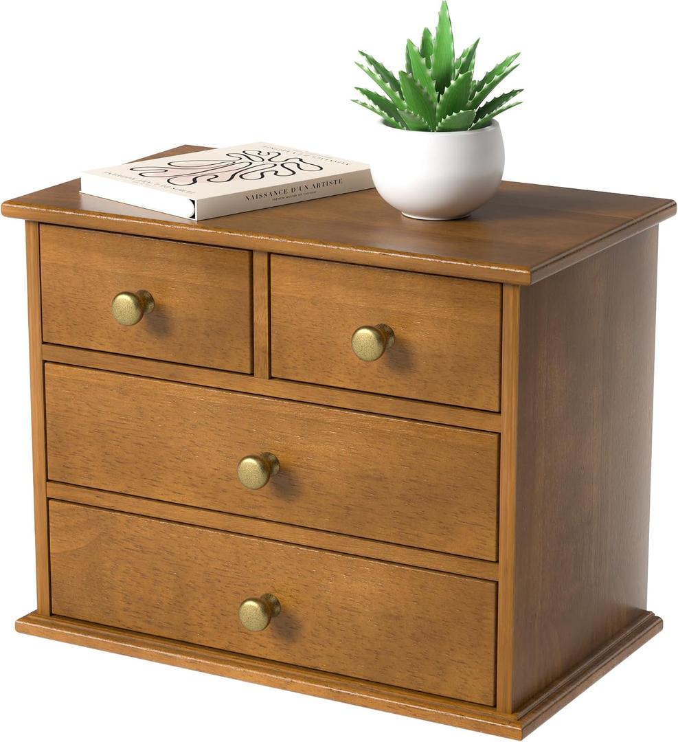 Oak Desk Organizer with Drawers, Durable Wooden Desktop Storage Box with Metal Handles & Non-Slip Silicone Pads, 4 Drawer Tabletop Organizer for Office, Bedroom, Bathroom, Vanity, and Makeup Walnut
