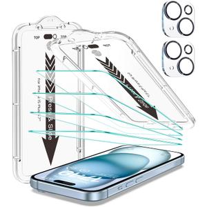 EZ-GLAZ 4-Pack for iPhone 15 Plus Screen Protector [6.7"] with Flawless Fit Kit + 2-Pack Camera Lens Protector, 15-Second Bubble-Free Installation, 9H Hardness, 12FT Military Grade Shatterproof, Scratch Resistant, Tempered Glass, HD Clear