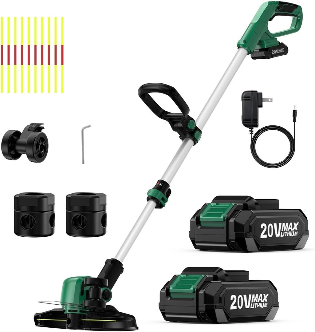 KIMO Weed Wacker Cordless Battery Powered w/ 2 x 2.0Ah Batteries, 2-in-1 String Trimmer & Edger with Charger & Wheels, 12 inch Dual-Sided Cutting Lines (10Pcs), Electric Weed Eater 20V for Lawn Yard