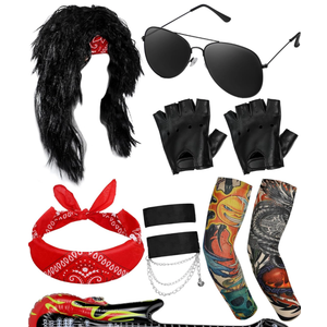 Mepase 80s Rock Costume Set for Women Wig Headband Tattoo Sleeve Gloves Cuff Glasses Inflatable Guitar Punk Rock Party, Size M