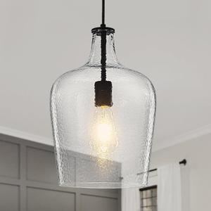 9.3" Blown Glass Pendant Lighting for Kitchen Island,Black Large Pendant Light Fixture with blown Thickened Glass,1 Light Farmhouse Hanging Light for Hallway,Bedroom, Living Room Tall 14 inch (Clear Stream)