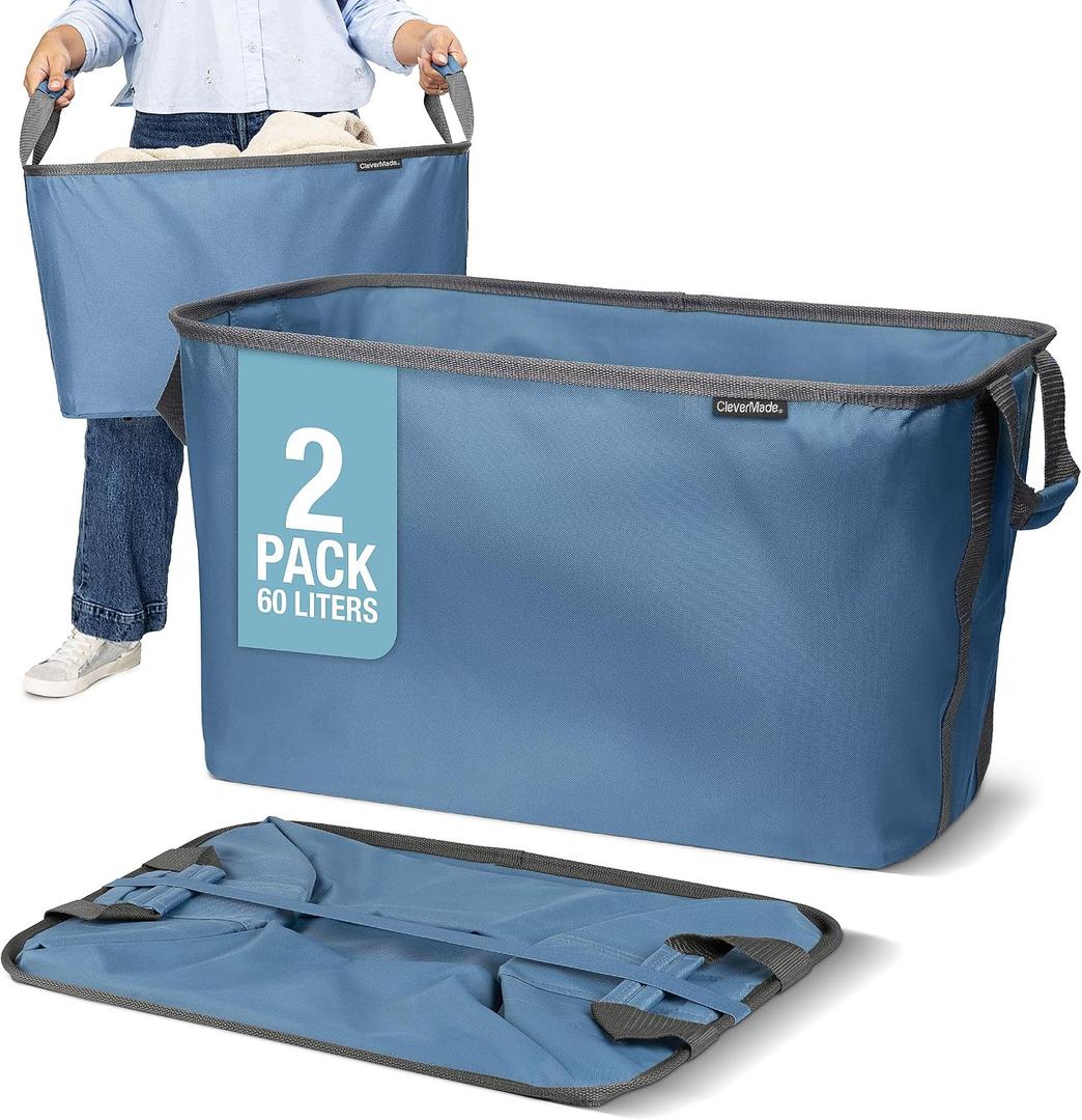 CleverMade Collapsible Laundry Basket 2 Pack 60L (16 Gal) Foldable Clothes Hamper with Reinforced Handles, Space Saving Fabric Laundry Bin, Holds 55 lbs, Flat Folding for Dorm, Apartment & RV - Denim