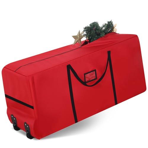Wesnoy 12 Ft Heavy Duty Christmas Tree Storage Bag 900d Oxford Fabric with Wheels and Reinforced Handles, Durable Xmas Storage Box for Disassembled Holiday Tree (12 ft,Red)