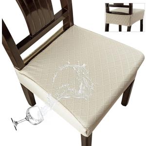 Genina Waterproof Seat Covers for Chairs,Set of 4 Dining Room Chair Seat Covers for Kitchen,Stretch Jacquard Removable Washable Dining Chair Slipcovers Protectors,No Rear Covers, Beige