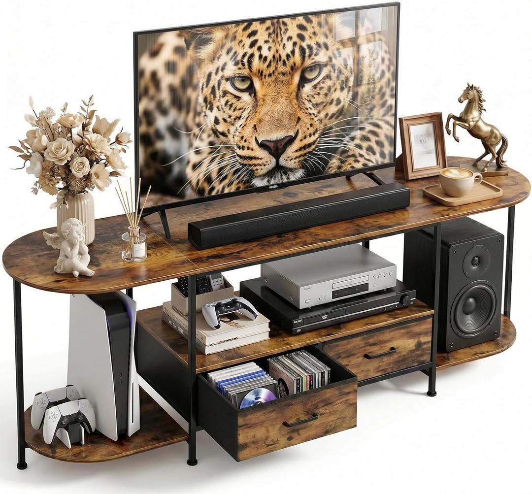 Faesun 55" TV Stand for TVs up to 55 Inches, Curved Edge Media Console & Entertainment Center with 2 Fabric Drawers, Modern TV Console Table for Living Room or Bedroom, RusticBrown