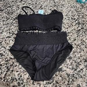 Yonique Women's Bandeau Bikini Set Two Piece Smocked Swimsuits Ruffle Off Shoulder Bathing Suit with High Waisted Bottoms s